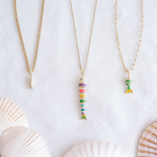 Fish necklace - Pisces gold charm chain, sardine bass jewelry gift for her