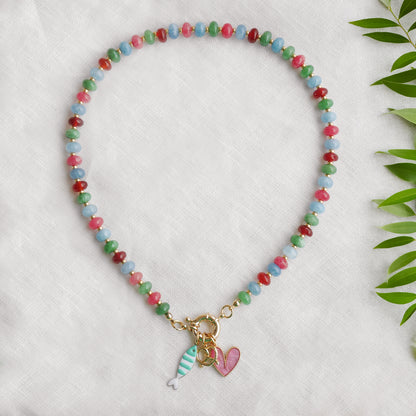 Gemstone custom charm necklace - Beaded natural stone personalized jewelry gift for her, spring ring carabiner choker, colorful summer style