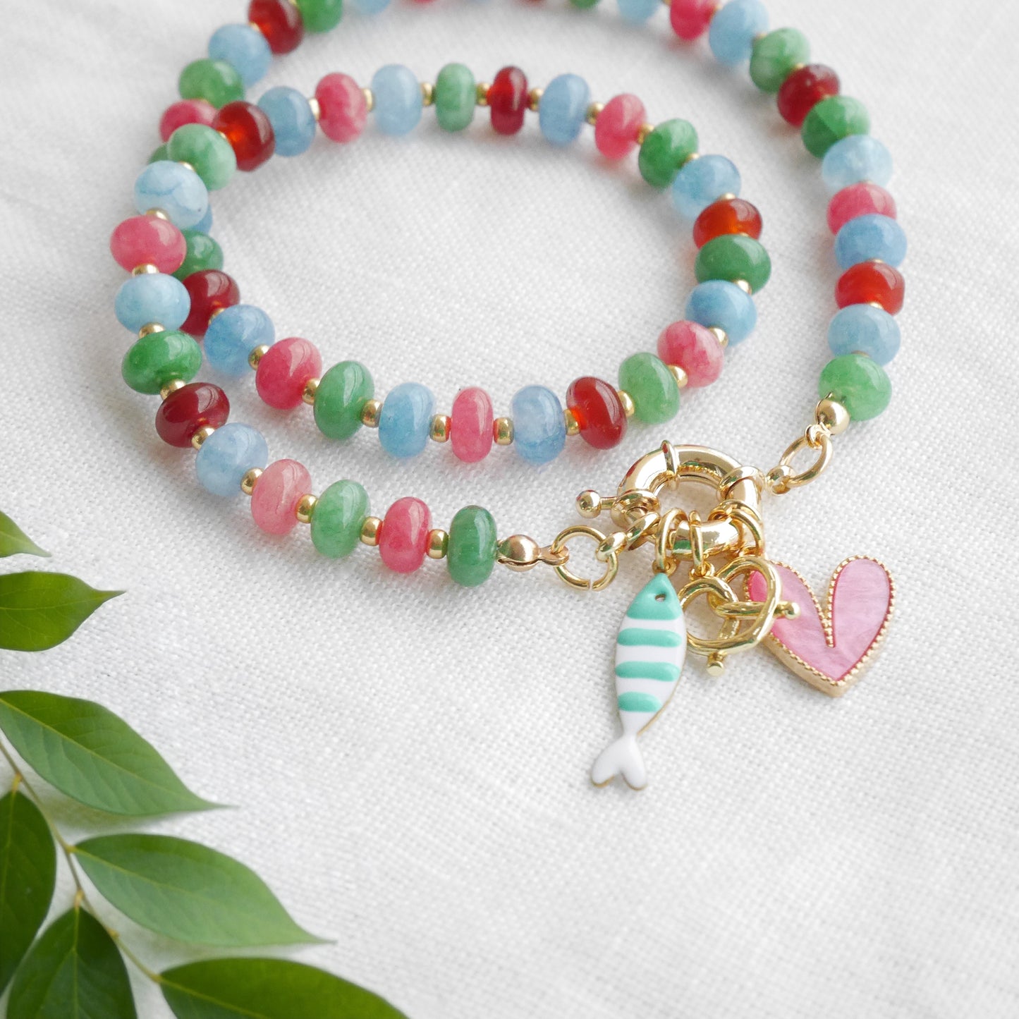 Gemstone custom charm necklace - Beaded natural stone personalized jewelry gift for her, spring ring carabiner choker, colorful summer style