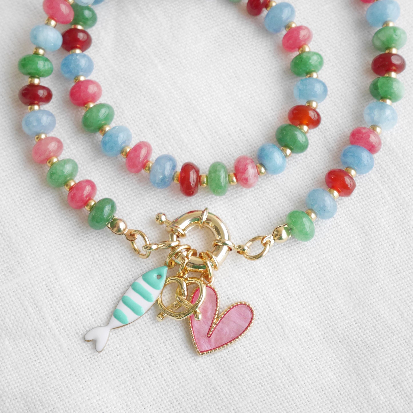 Gemstone custom charm necklace - Beaded natural stone personalized jewelry gift for her, spring ring carabiner choker, colorful summer style