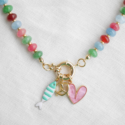 Gemstone custom charm necklace - Beaded natural stone personalized jewelry gift for her, spring ring carabiner choker, colorful summer style