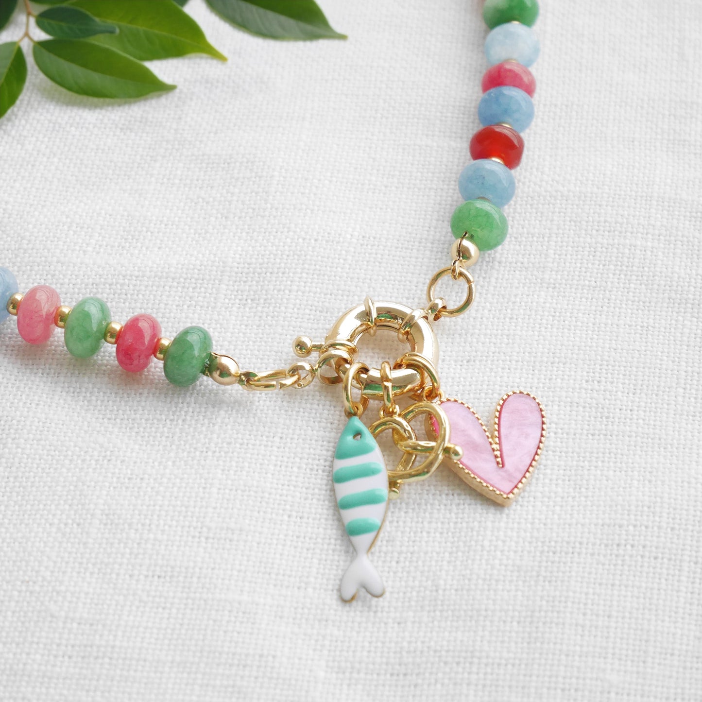 Gemstone custom charm necklace - Beaded natural stone personalized jewelry gift for her, spring ring carabiner choker, colorful summer style