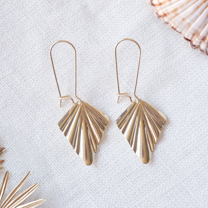 Gold fan earrings - Art deco style dangle gift for her, elegant minimalist style