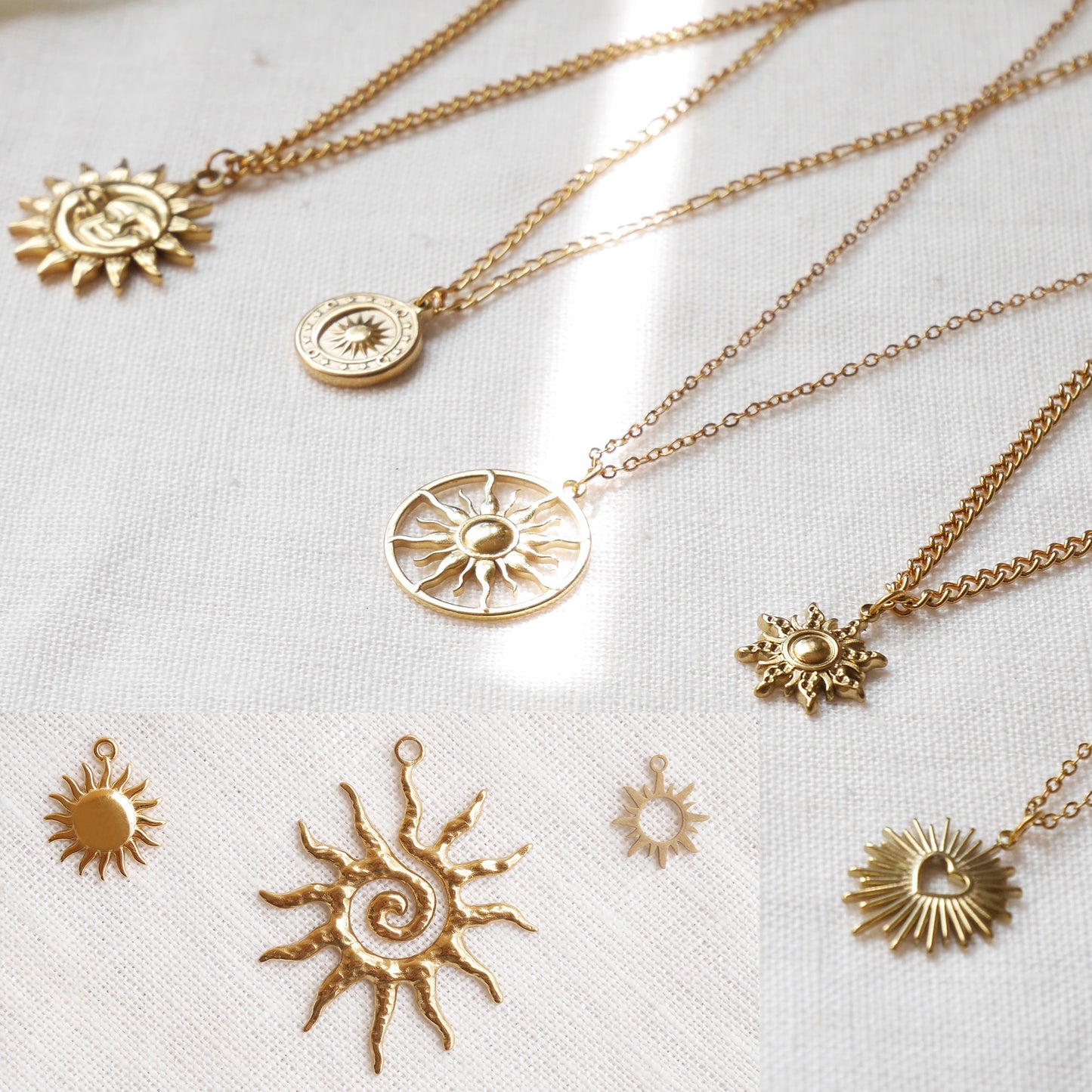 Gold sun charm necklace - spiral celestial boho style jewelry, sunshine summer gift for her