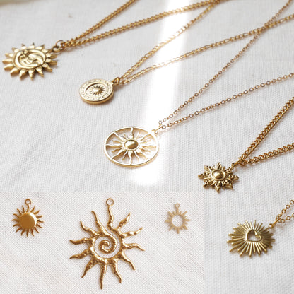 Gold sun charm necklace - spiral celestial boho style jewelry, sunshine summer gift for her