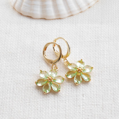 Green flower earrings – dainty floral hoops, feminine gold jewelry gift for her