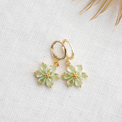 Green flower earrings – dainty floral hoops, feminine gold jewelry gift for her