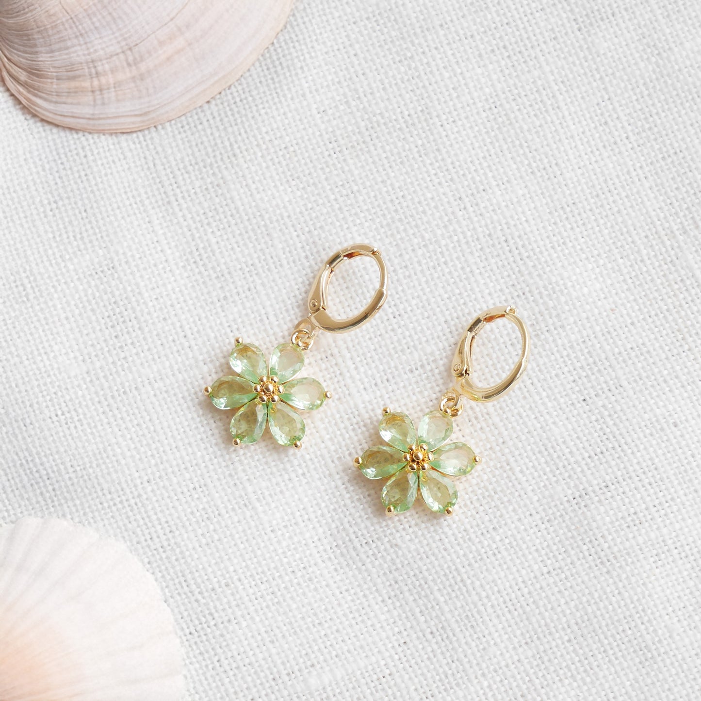Green flower earrings – dainty floral hoops, feminine gold jewelry gift for her