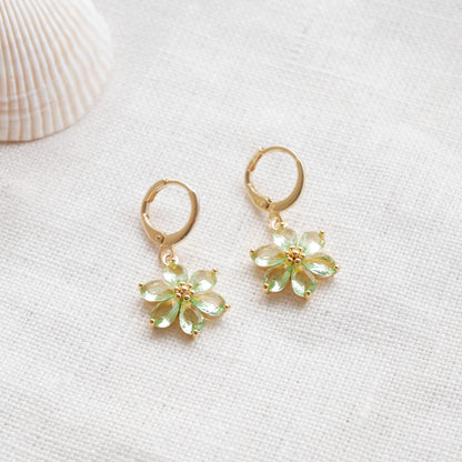 Green flower earrings – dainty floral hoops, feminine gold jewelry gift for her