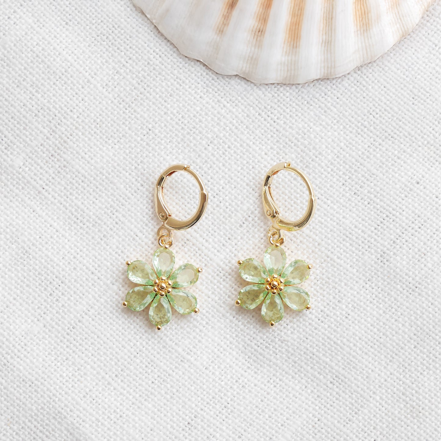 Green flower earrings – dainty floral hoops, feminine gold jewelry gift for her