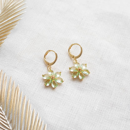 Green flower earrings – dainty floral hoops, feminine gold jewelry gift for her