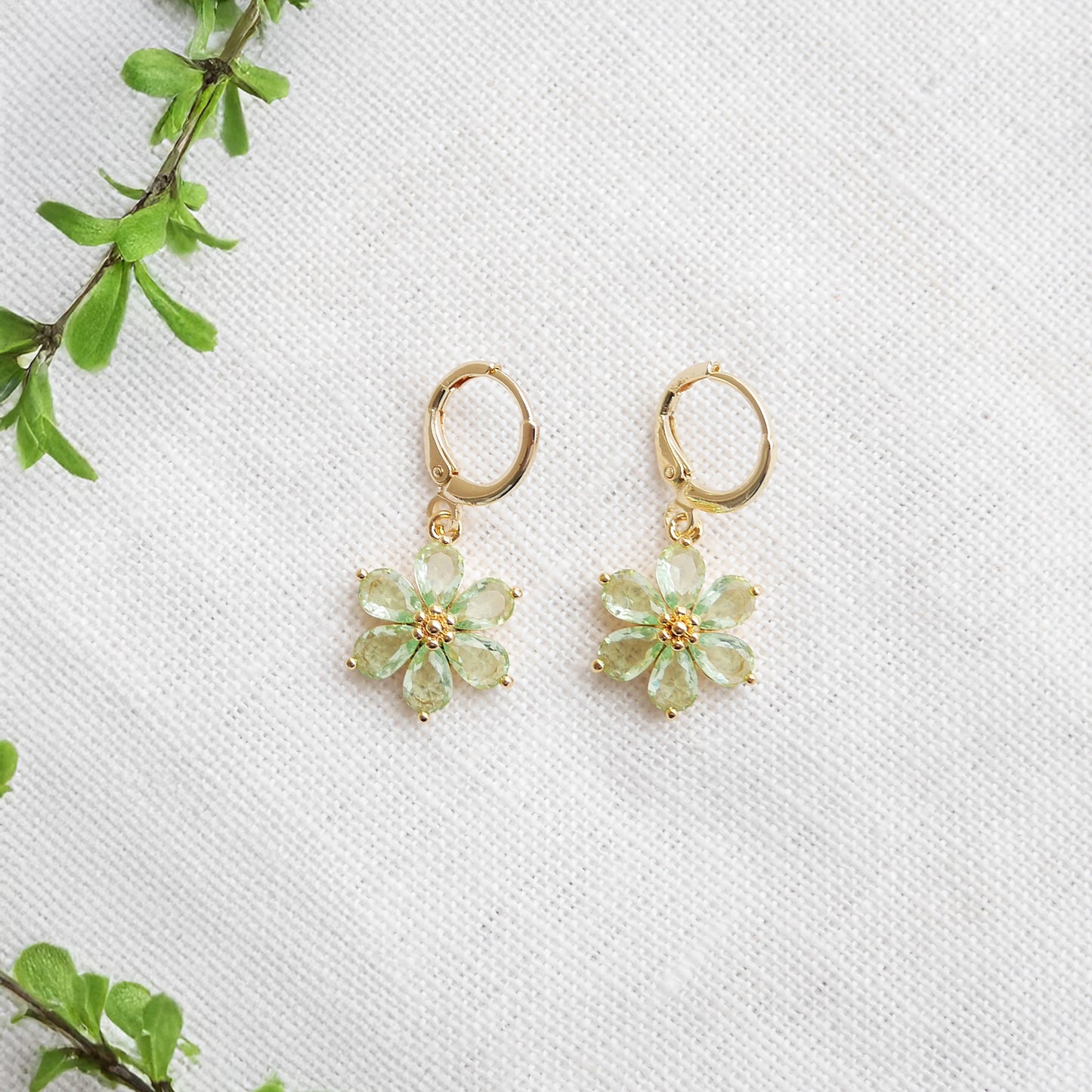 Green flower earrings – dainty floral hoops, feminine gold jewelry gift for her