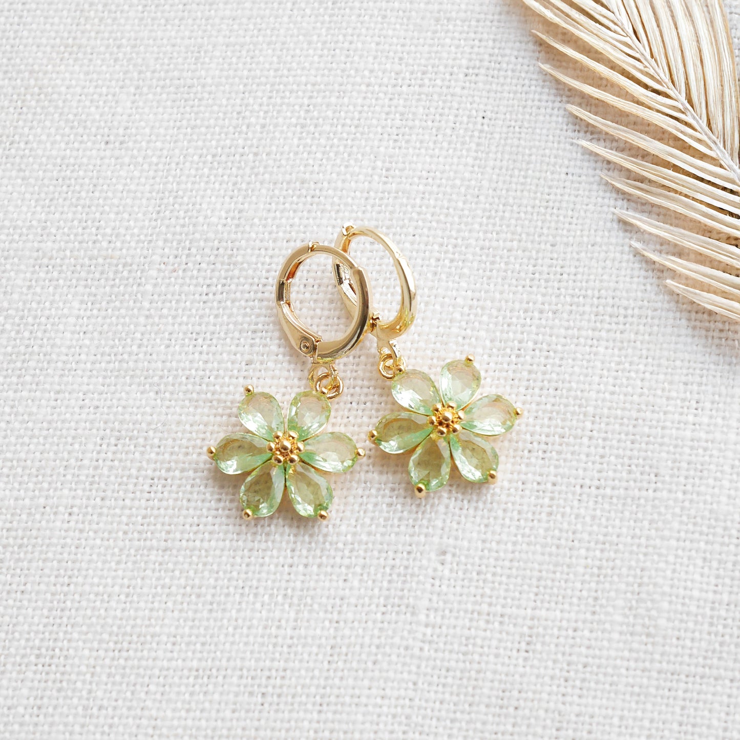 Green flower earrings – dainty floral hoops, feminine gold jewelry gift for her