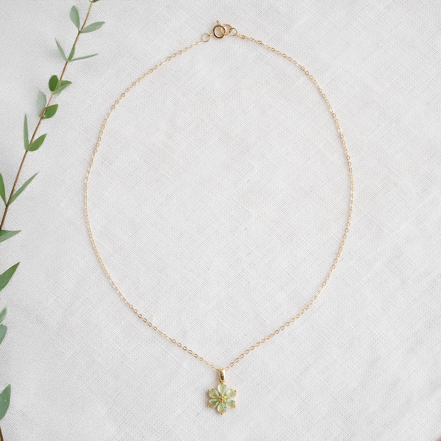 Green flower necklace – delicate floral gold necklace, jewelry gift for her
