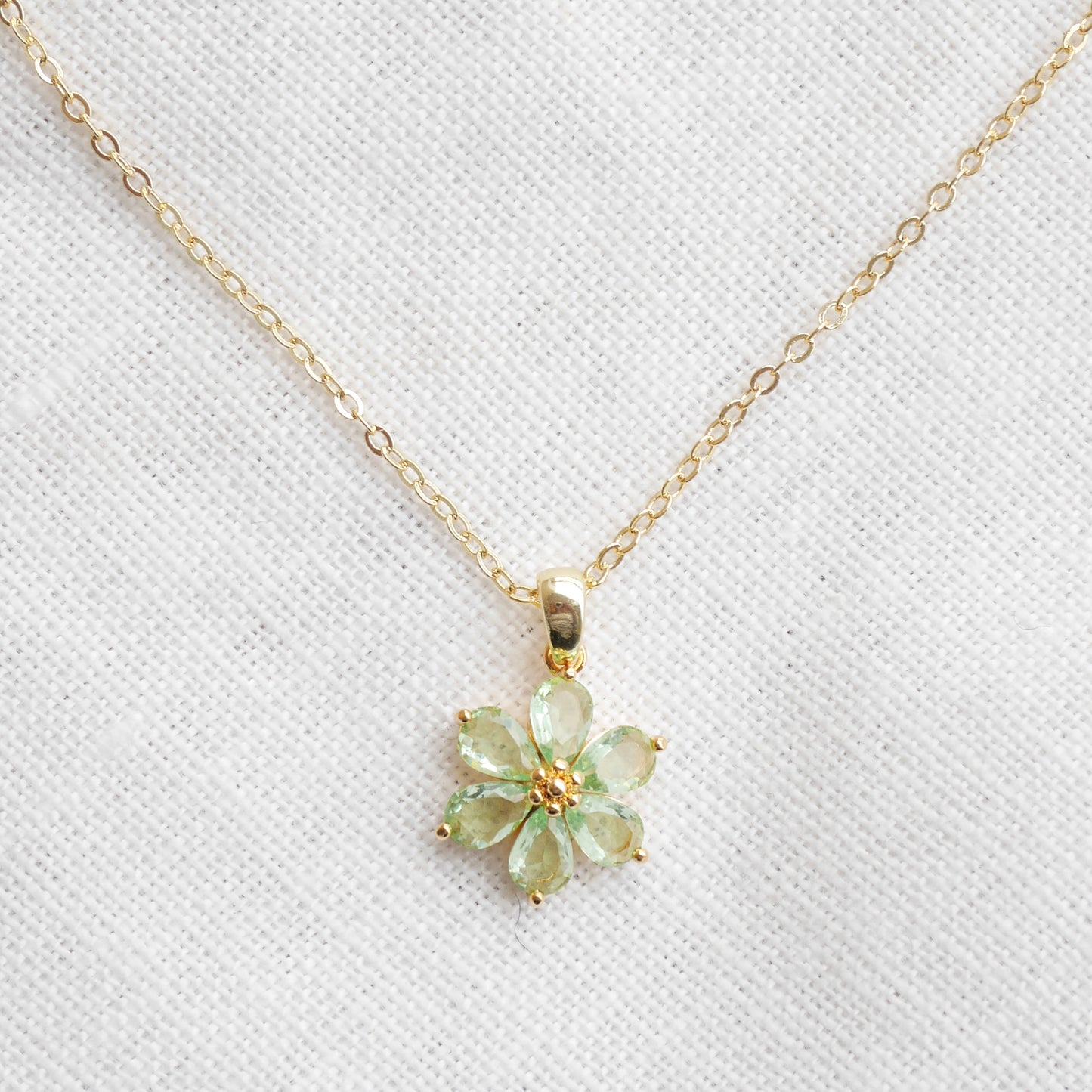 Green flower necklace – delicate floral gold necklace, jewelry gift for her