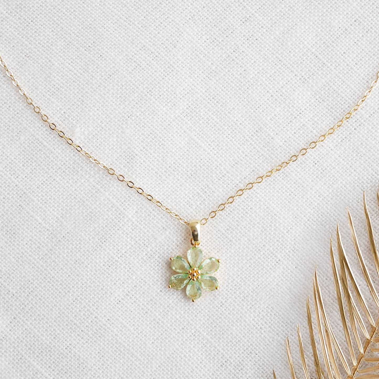 Green flower necklace – delicate floral gold necklace, jewelry gift for her
