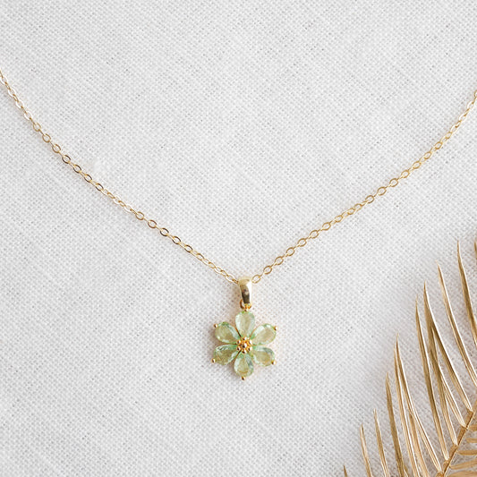Green flower necklace – delicate floral gold necklace, jewelry gift for her