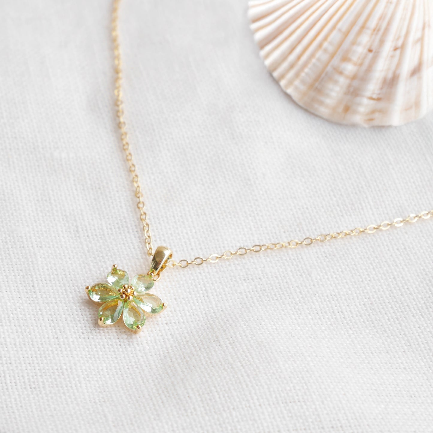 Green flower necklace – delicate floral gold necklace, jewelry gift for her