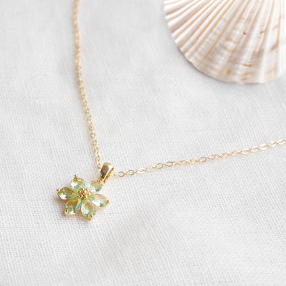 Green flower necklace – delicate floral gold necklace, jewelry gift for her