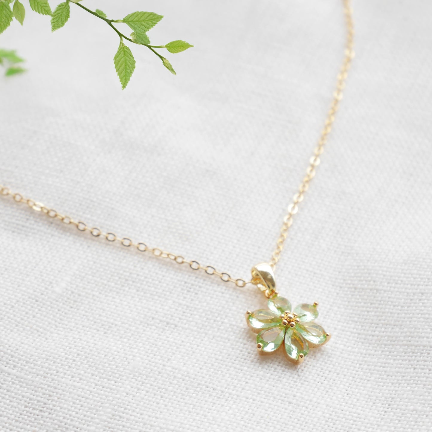 Green flower necklace – delicate floral gold necklace, jewelry gift for her