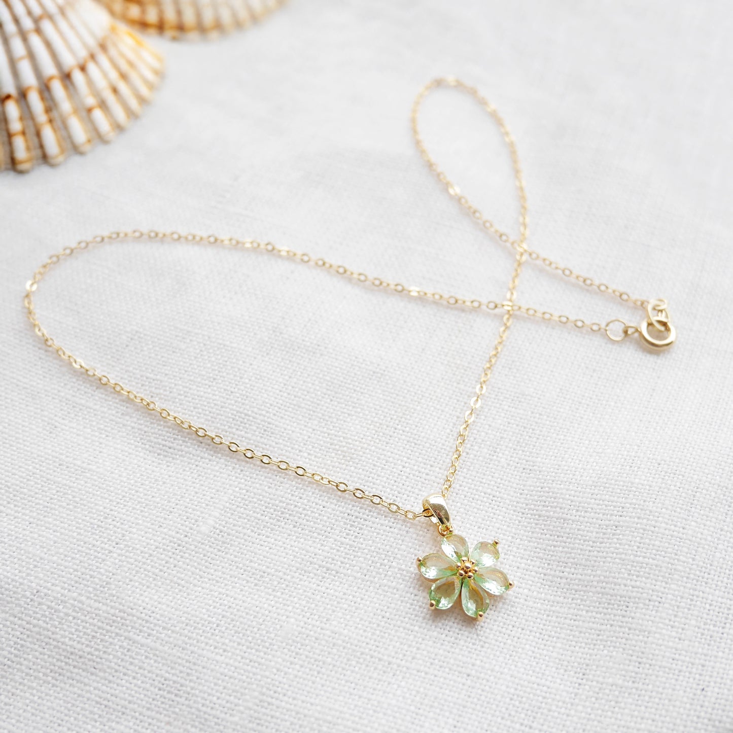 Green flower necklace – delicate floral gold necklace, jewelry gift for her