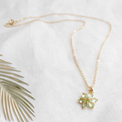 Green flower necklace – delicate floral gold necklace, jewelry gift for her