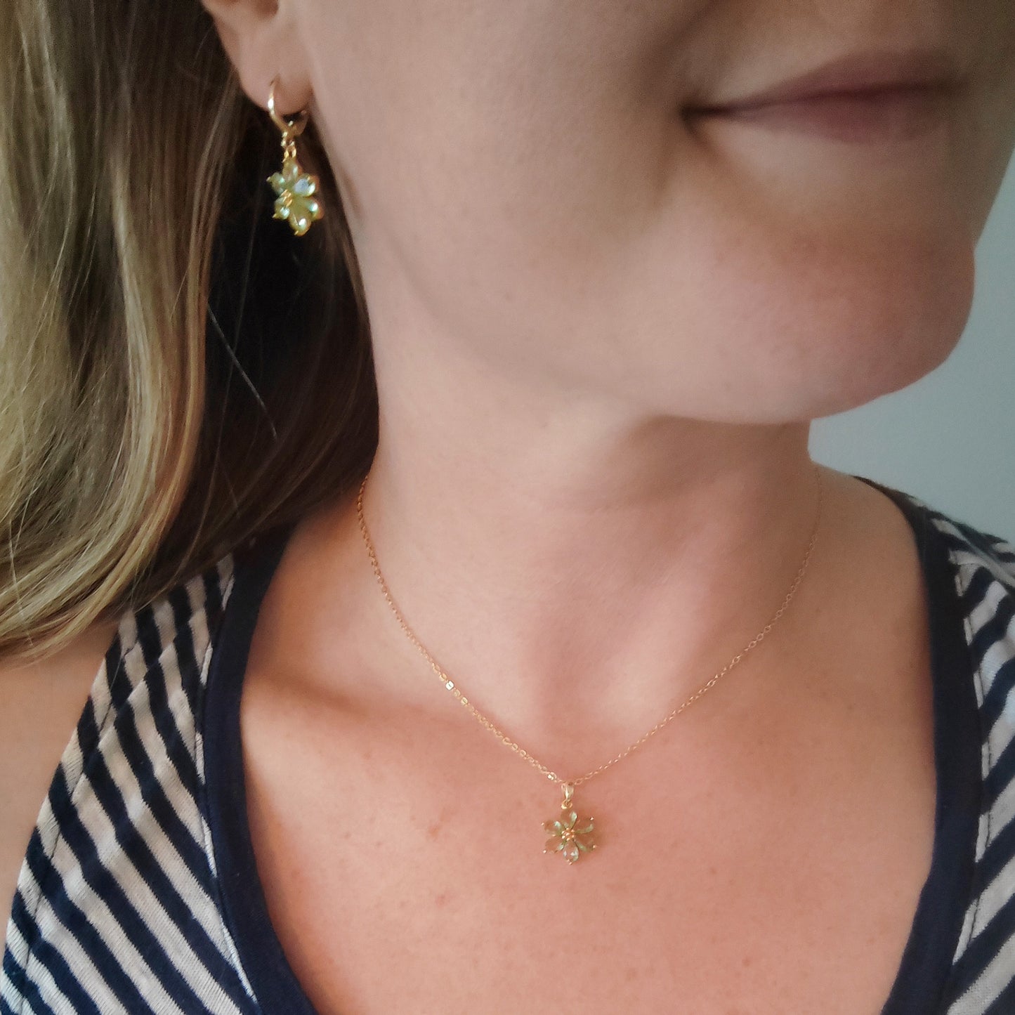Green flower necklace – delicate floral gold necklace, jewelry gift for her