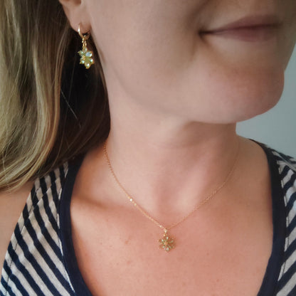 Green flower necklace – delicate floral gold necklace, jewelry gift for her