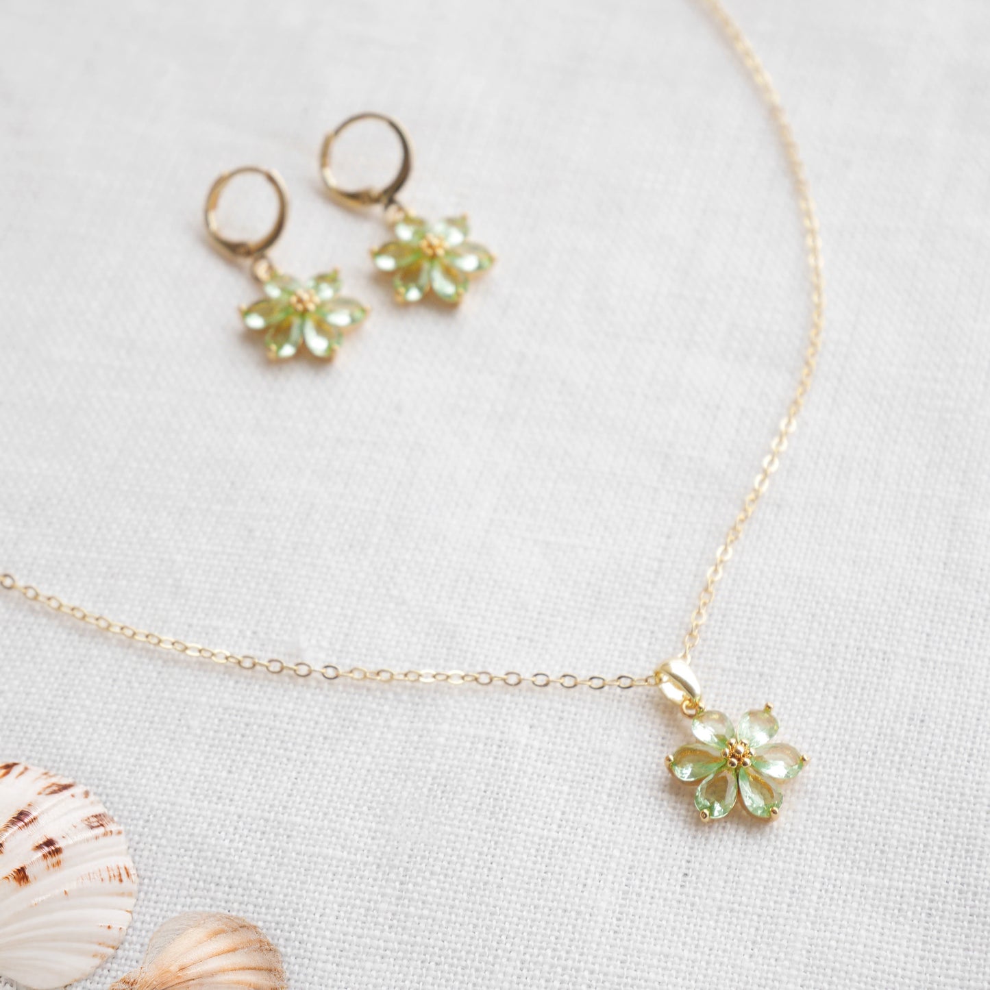 Green flower necklace – delicate floral gold necklace, jewelry gift for her