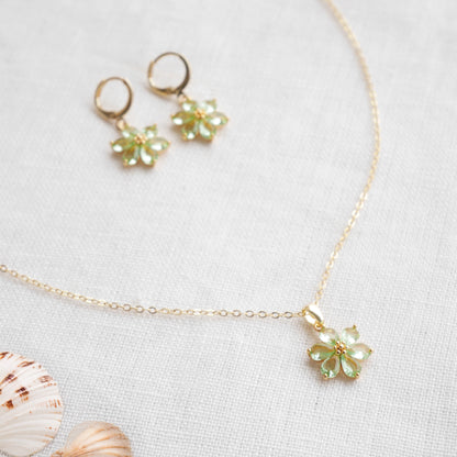 Green flower necklace – delicate floral gold necklace, jewelry gift for her