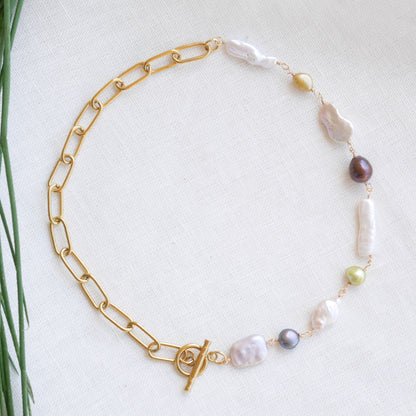 Mixed baroque freshwater pearls necklace - half pearl half paperclip chain, chunky gold choker, jewelry gift for her
