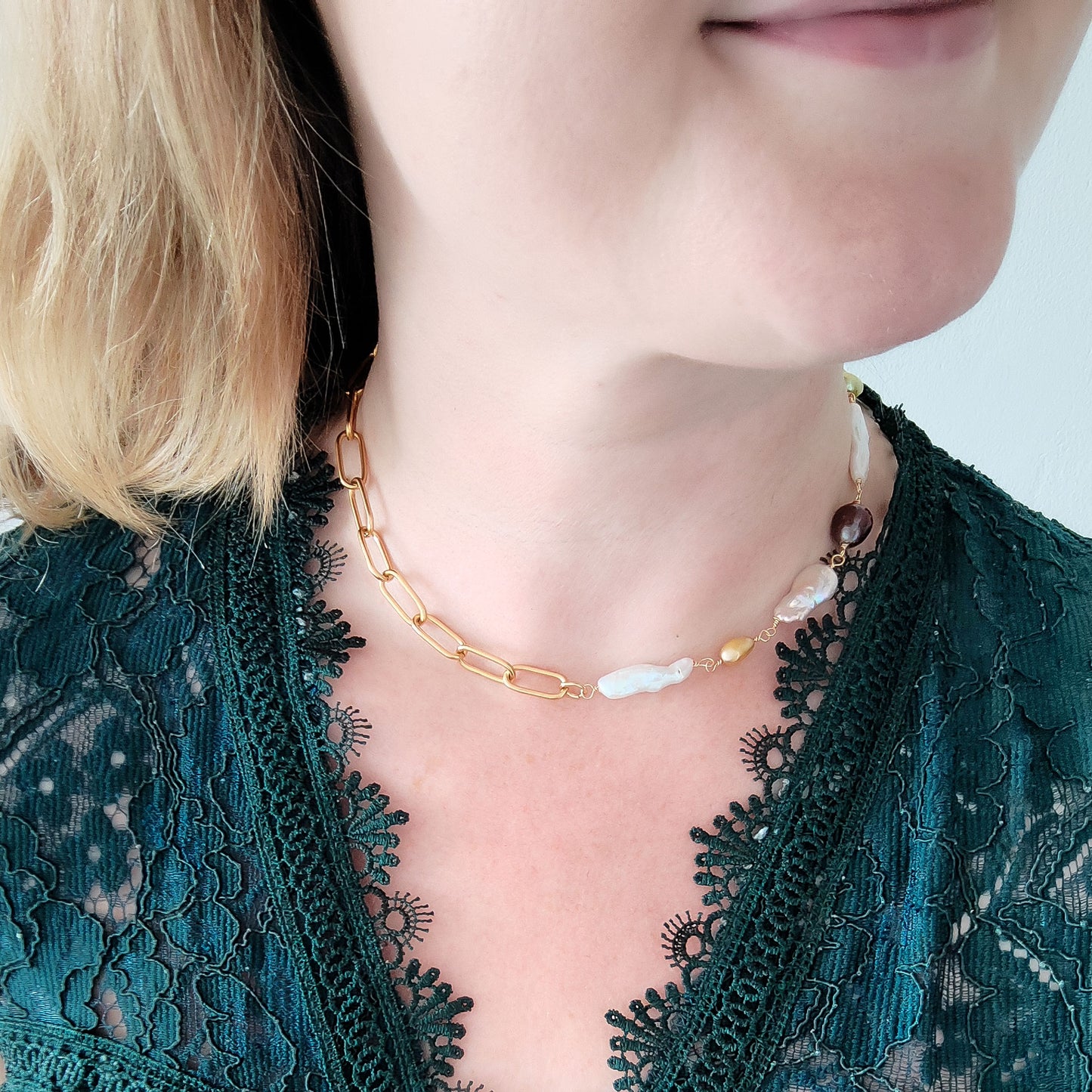 Mixed baroque freshwater pearls necklace - half pearl half paperclip chain, chunky gold choker, jewelry gift for her