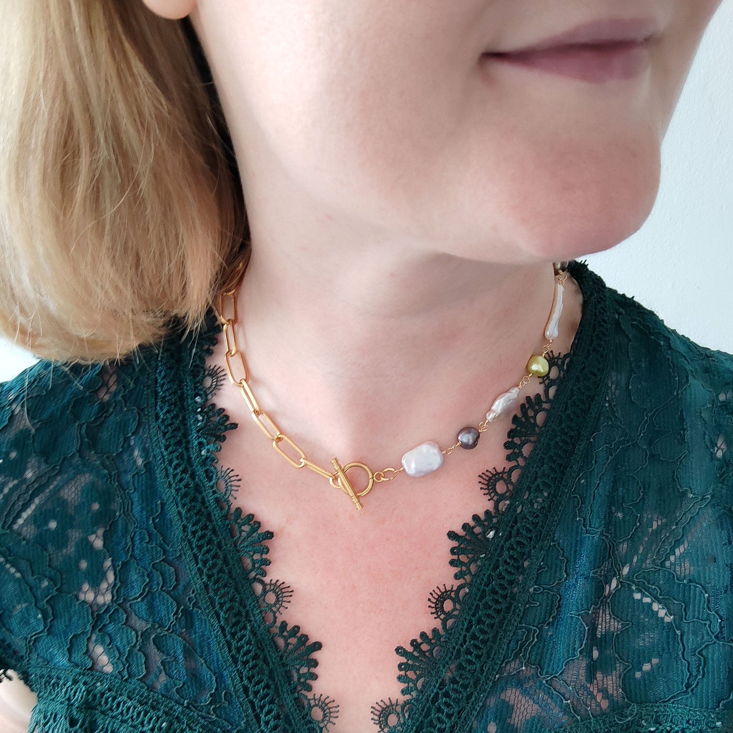 Mixed baroque freshwater pearls necklace - half pearl half paperclip chain, chunky gold choker, jewelry gift for her