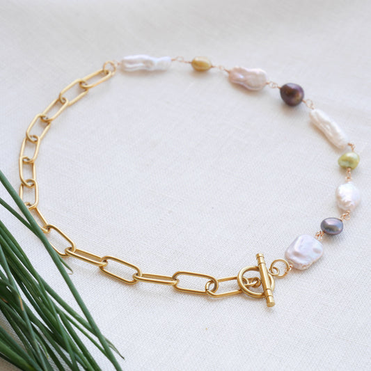 Freshwater pearl necklace - paperclip chain, baroque pearls choker gift for her