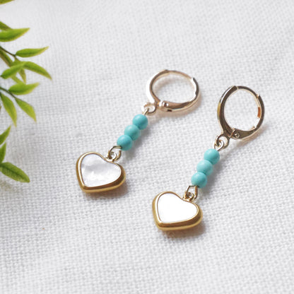 Heart earrings - turquoise drop dangles, gold-plated jewelry gift for girlfriend