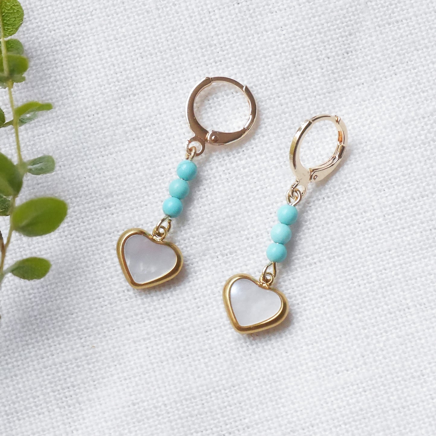 Heart earrings - turquoise drop dangles, gold-plated jewelry gift for girlfriend