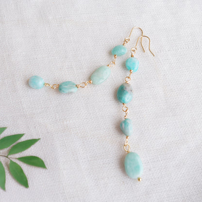 Amazonite gemstone long dangle earrings on a white cloth.