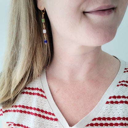 Colorful striped glass barrel earrings – long handmade dangle bead jewelry