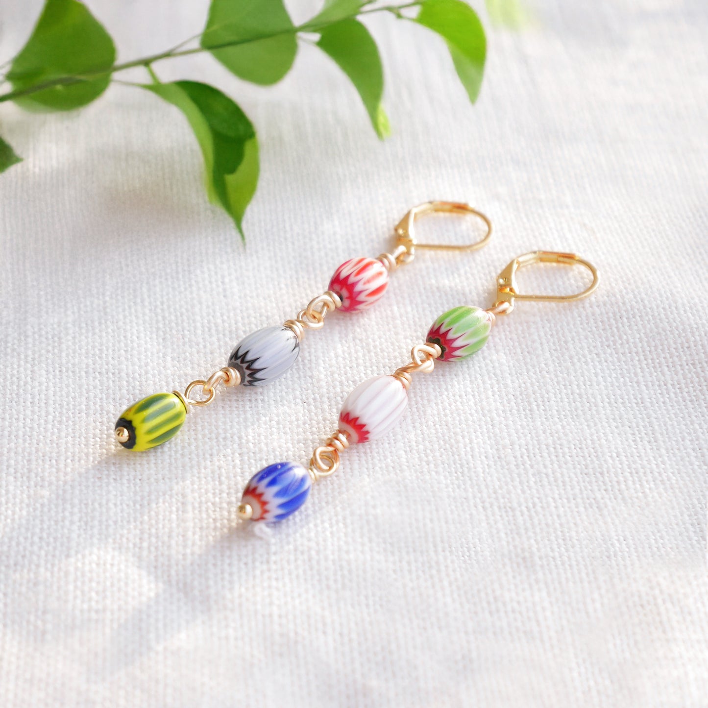 Colorful striped glass barrel earrings – long handmade dangle bead jewelry