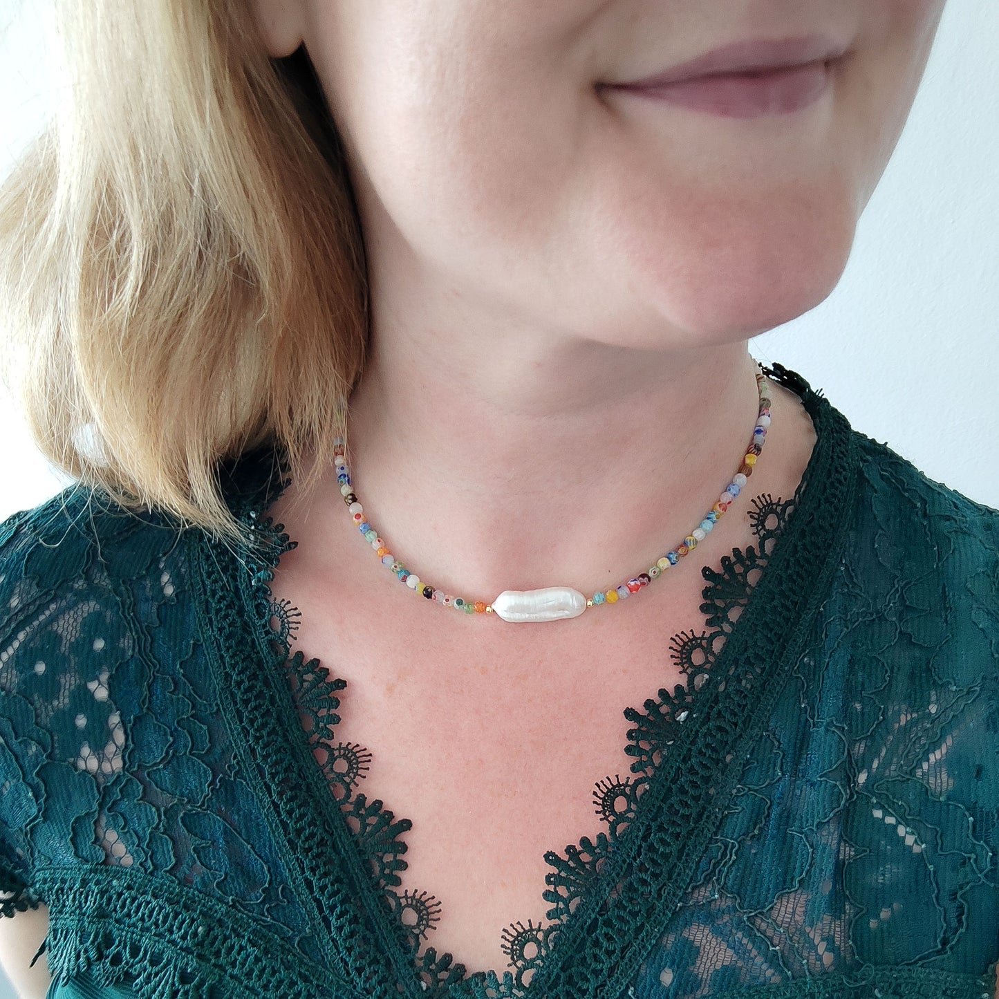 Colorful beaded necklace - dainty small beads choker, freshwater pearl jewelry