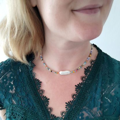 Colorful beaded necklace - dainty small beads choker, freshwater pearl jewelry
