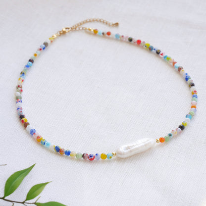 Colorful beaded necklace - dainty small beads choker, freshwater pearl jewelry
