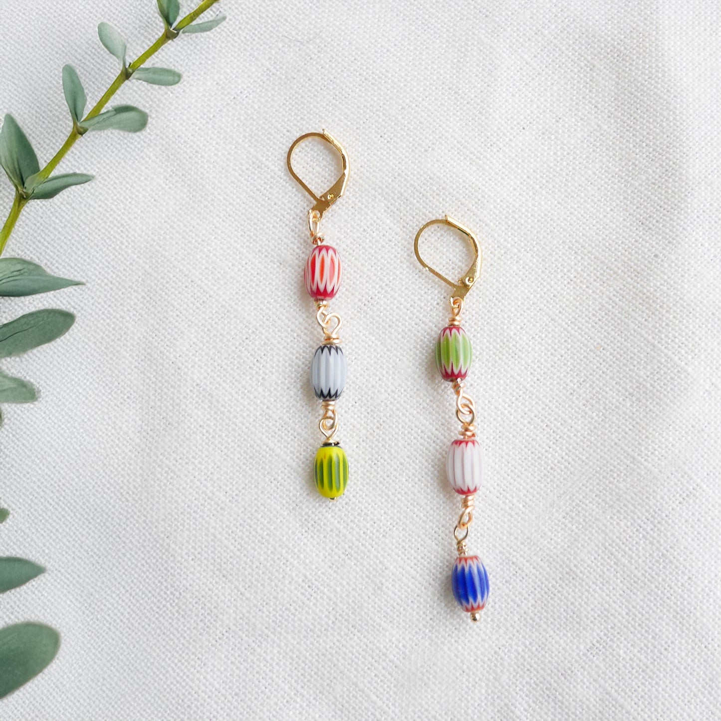 Colorful striped glass barrel earrings – long handmade dangle bead jewelry
