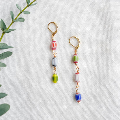 Colorful striped glass barrel earrings – long handmade dangle bead jewelry