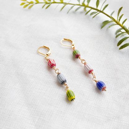 Colorful striped glass barrel earrings – long handmade dangle bead jewelry
