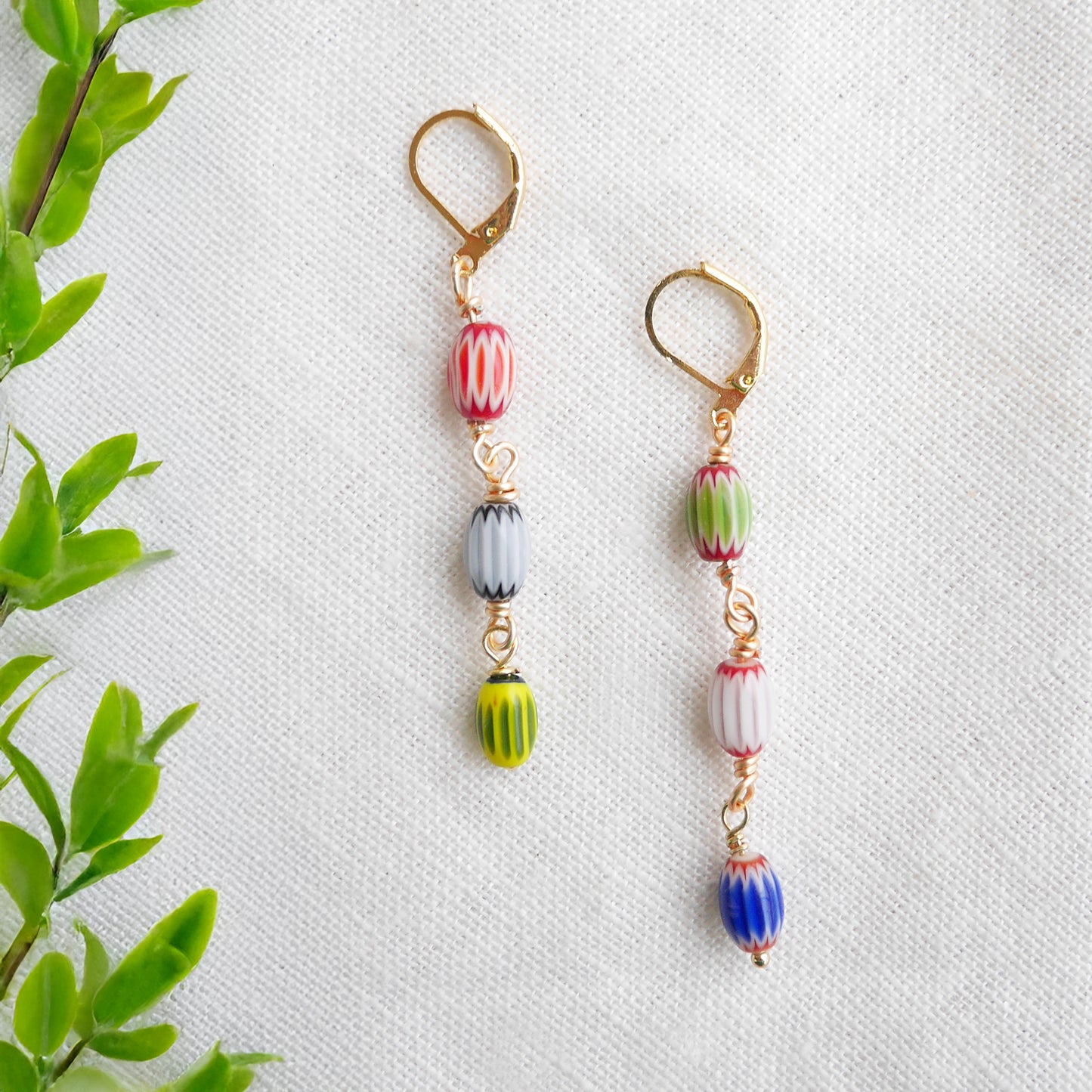 Colorful striped glass barrel earrings – long handmade dangle bead jewelry
