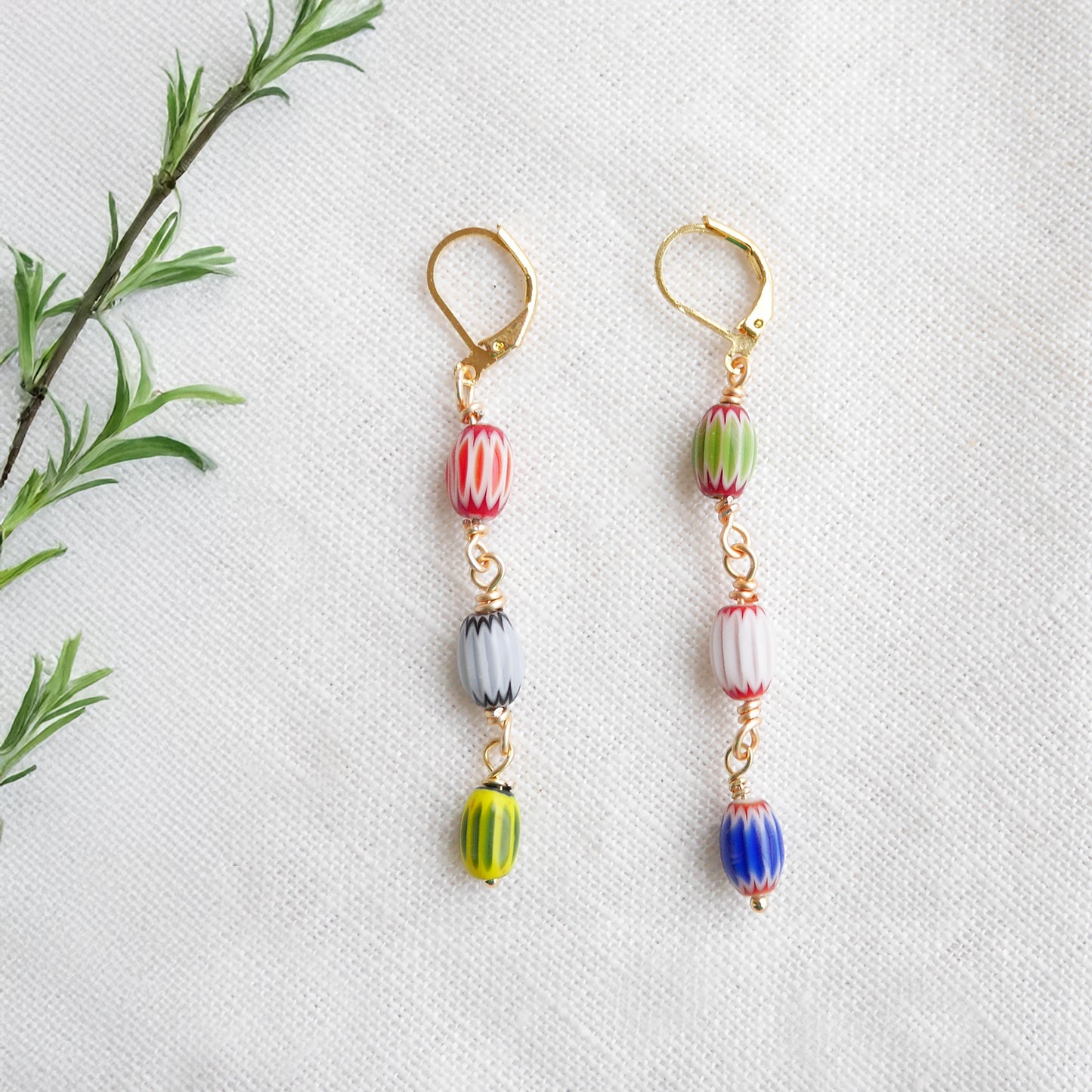 Colorful striped glass barrel earrings – long handmade dangle bead jewelry