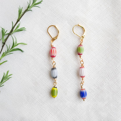 Colorful striped glass barrel earrings – long handmade dangle bead jewelry
