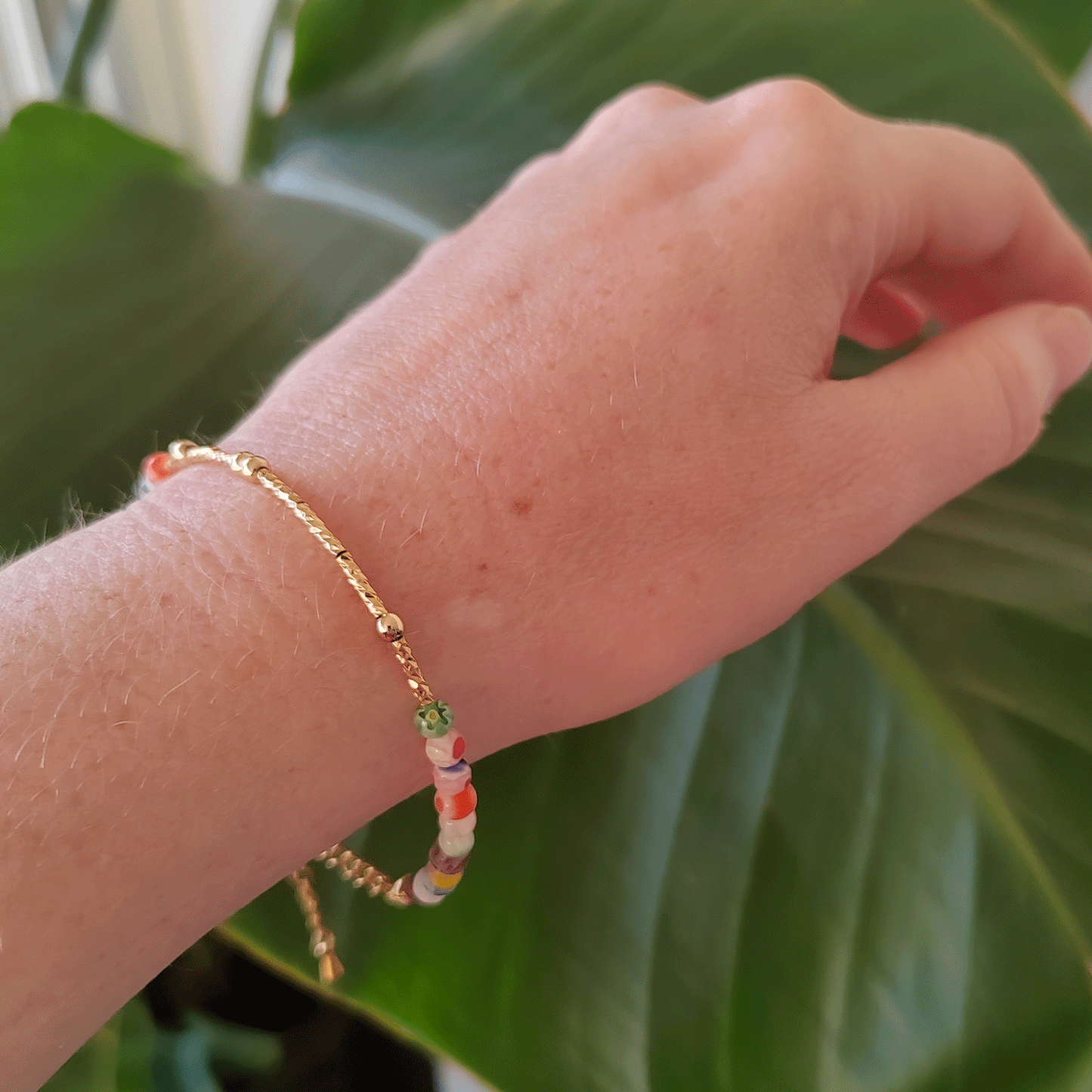 Morse code bracelet - custom name jewelry gift for her with small floral glass beads