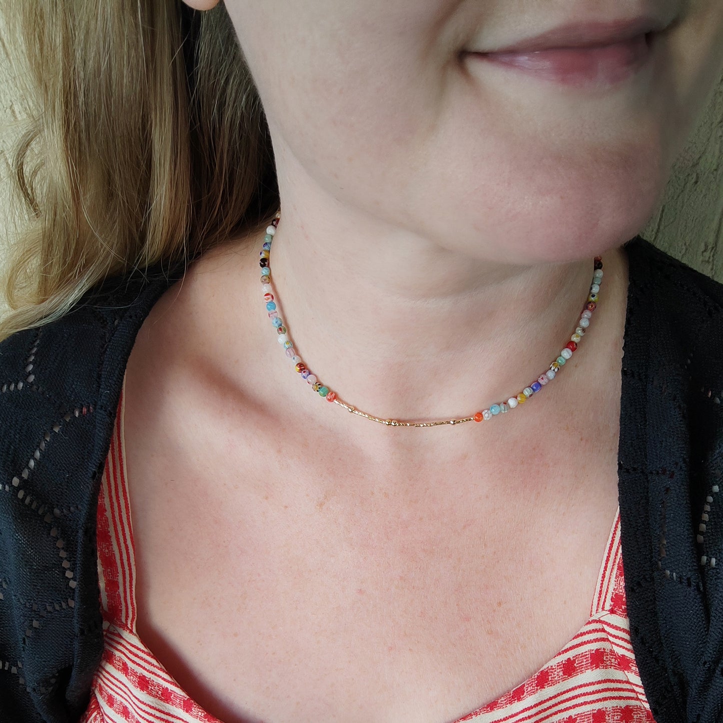 Morse code necklace - customizable name jewelry gift, dainty boho beaded millefiori choker